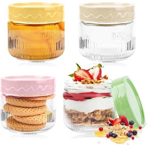 Set di 4 barattoli di vetro riutilizzabili da 250 ml, ideali per preparare il porridge d'avena la sera prima e altro ancora.