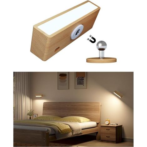 Bedroom Wall Lamp, USB Rechargeable Bedside Wall Lamp, Dimmable Touch Control, Wooden LED Wall Light (1/5)