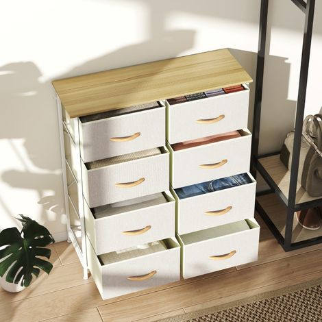 Cómoda de dormitorio con 8 cajones de tela, estructura de acero, encimera de madera, 4 bolsas de almacenamiento y 2 ganchos – Beige – 86 x 30 x 94,5 cm (1/5)