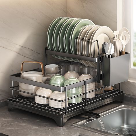 Égouttoir multifonctionnel de cuisine, plateau de rangement rotatif, noir