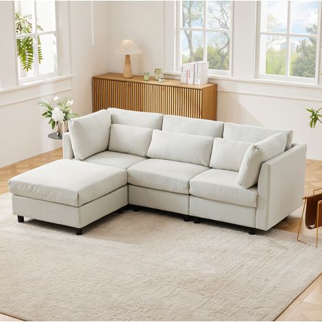Sofá esquinero 220x83x81 cm beige en lino con otomana móvil y cojines lumbares (1/5)