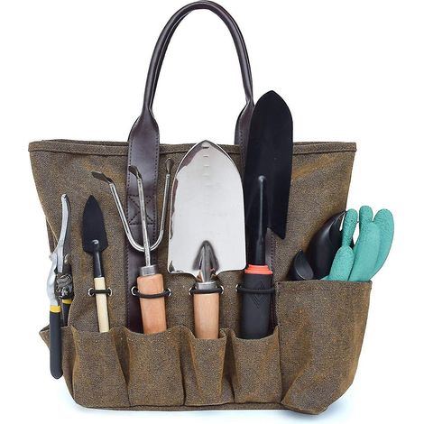 Canvas-Tragetasche für Gartengeräte, Aufbewahrungstasche für Handwerkzeuge im Gemüse- und Kräutergarten mit 8 Fächern – Beige