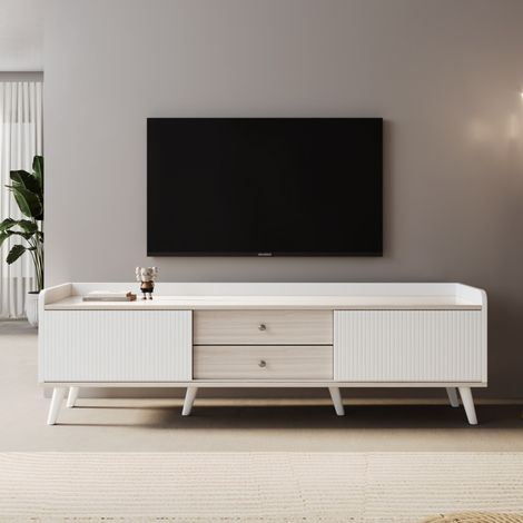 Meuble TV design bois blanc/naturel - 2 tiroirs & 2 portes coulissantes - Texture premium - 160x40x58cm (1/5)