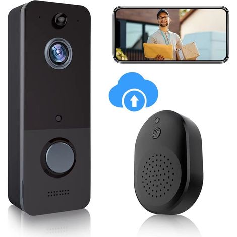 Sonnette vidéo sans fil, sonnette intelligente avec détection de personnes et de mouvements, stockage cloud, visualisation HD en direct, audio bidirectionnel, vision nocturne-AquaForge