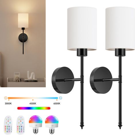 Lot de 2 appliques murales à piles, ampoules rechargeables RVB à intensité variable, télécommande, lampe murale sans fil, noir (1/5)