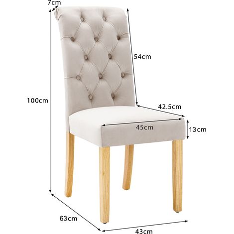 Set de 2 chaises de salon en velours beige, pieds en chêne, boutons capitonnés et clous chromés, fauteuil de salle à manger, cuisine, chambre, lounge, 170 car. (1/5)