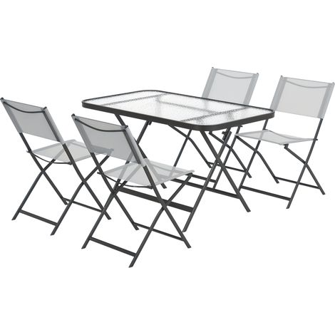 Gartenmöbel-Set mit 4 Stühlen und 1 Tisch, 5-teiliges stapelbares Garten-Lounge-Set, Textilene-Stühle, Tischplatte aus gehärtetem Glas, grau