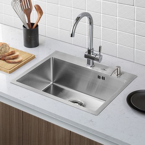 Auralum 55 x 45 CM Küchenspüle Edelstahl mit Gratis Seifenspender, Waschbecken Einbauspüle Einzelbecken Spüle 2 Montagelöcher mit Über- und Ablaufgarnitur (1/5)