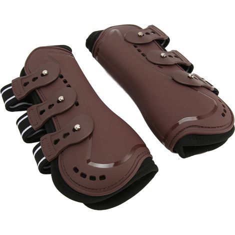 Guêtres avant pour chevaux respirantes, résistantes aux chocs et antidérapantes, idéales pour l'entraînement, le saut d'obstacles et l'équitation. Marron, taille L. (1/5)