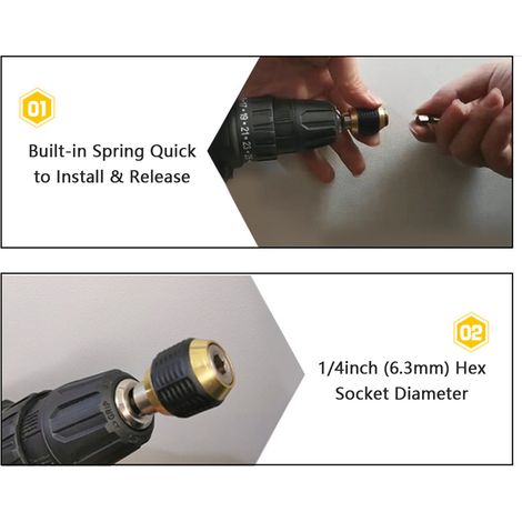 Porte-embout à changement rapide, rallonge de mandrin pour foret à queue hexagonale de 6,35 mm (1/4 pouce), ressort intégré, installation et retrait rapides. (1/2)