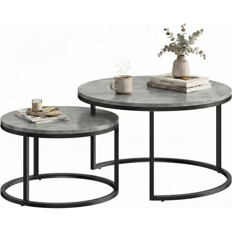 Modernes Kaffeetisch 2er-Set, Stapelbare Beistelltische mit Metallgestell für Wohnzimmer, Schlafzimmer, Büro, Grau
