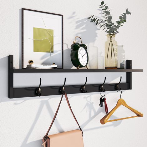 Étagère murale avec crochets - 73,5 cm - Étagère de rangement avec 5 crochets doubles - Pour salon, chambre à coucher, cuisine - Noir (1/5)