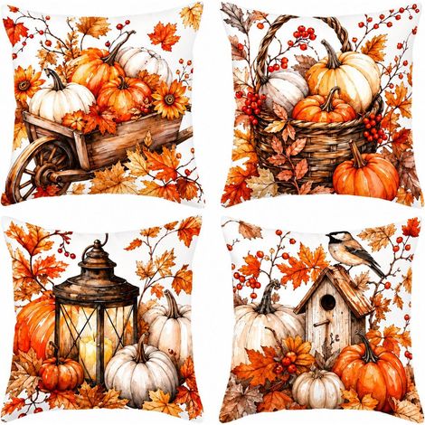 Housses coussins décoratives automne 4 pièces 45x45cm, motifs citrouille feuilles pour canapé, salon et décoration Halloween(B) (1/5)