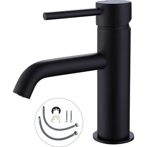 Matt Black Round Cloakroom Basin Mixer Tap Sink Mono Bathroom + Flexi Tails (1/5)