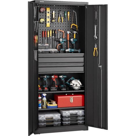 Armoire de Rangement en Métal 76x38x180 cm, Charge 81,5 kg par Étagère, Armoire à Outils pour Garage, Atelier et Bureau, 2 Portes Verrouillables, Étagères Réglables, Panneau Perforé et 2 Tiroirs (1/5)