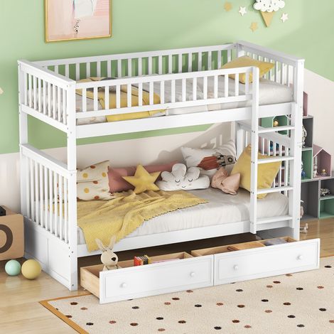 Etagenbett 90/200 cm weiß aus Kiefernholz und MDF mit 2 Schubladen (1/5)