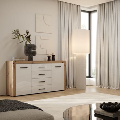 Credenza Lemaseti, Madia 4 Cassetti, 4 Ripiani, Apertura Battente, Scorrevole, 155x42x88h cm Marrone Rovere (1/4)