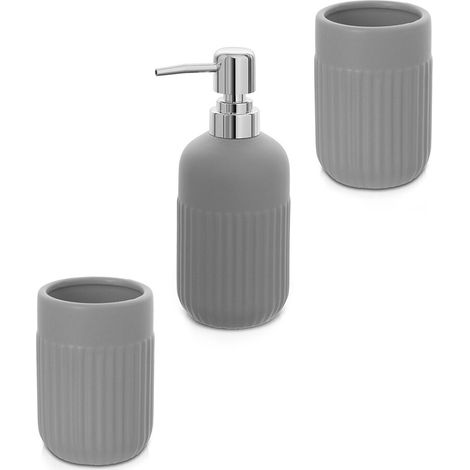 Set accessori bagno in ceramica grigia opaca con dispenser sapone e due portaspazzolini Cup (1/5)