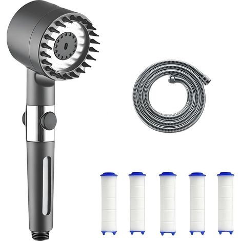 1 Pommeau de douche haute pression, filtre anti calcaire, bouton stop, brosse silicone, salle de bain