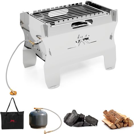 COSTWAY 2-in-1 Camping Grill, Patio Portable Dual Fuel Butane Gas Firepit-Silver