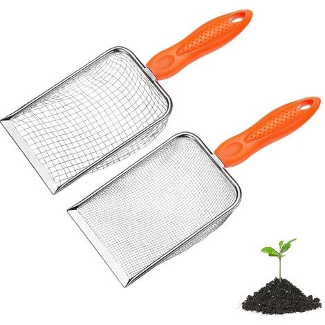 Tamis à terre de jardin METERXITY lot de 2, maille 5/28 mm acier inoxydable, poignée antidérapante, pour sable, terre, cailloux, compost blanc orange (1/5)