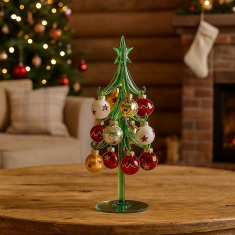EDG Enzo De Gasperi Albero di Natale in Vetro Decorato su Base H 26 Cm D 9 Cm Verde Rosso (1/4)