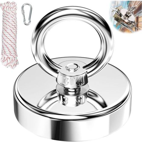 Aimant de pêche 55 mm – Force de traction 100 kg – Corde de 4 mm x 10 m – Acier inoxydable pour récupération d'objets en rivière (1/4)