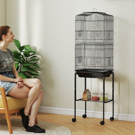 Cage à oiseaux sur pied volière oiseaux sur roulettes toit ouvrant 3 perchoirs étagère inférieure 46,5x36x157cm noir (1/5)