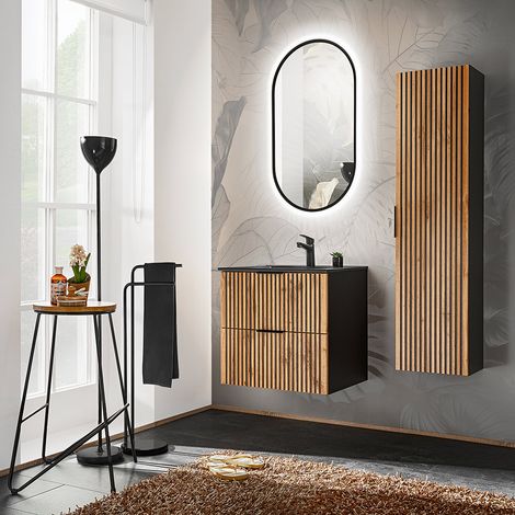 Badmöbel Set Waschtisch 60 cm mit Keramik Waschbecken schwarz, LED Spiegel, Hochschrank XANTEN-56 in anthrazit mit Eiche Nb. schwarz gerillt, B/H/T: ca. 110/200/46 cm (1/5)