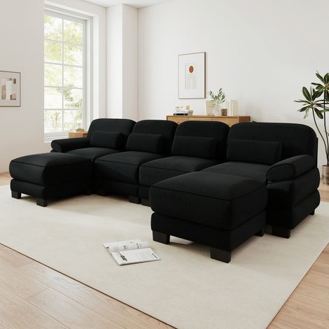 Canapé modulable panoramique en U 4 places avec 2 poufs, grande assise profonde, coussins épais, velours côtelé noir, 336 x 161 x 94 cm (1/5)
