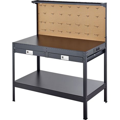 Établi en bois massif, capacité 110 kg, plan de travail robuste 1200 mm, avec panneau perforé, 4 prises AC, 2 ports USB, câble 1,5 m, 30 crochets, tiroir pour atelier. (1/5)