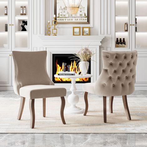 Sedia da pranzo in velluto beige, 50 x 45 x 91 cm, con schienale trapuntato e gambe in legno massiccio (1/5)