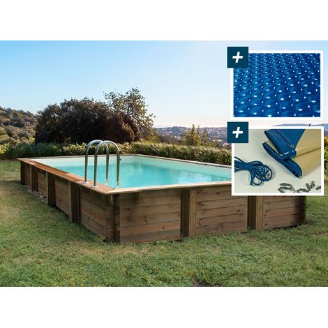 Kit piscina in legno Murano - 12,20 x 6,20 x 1,44 m - Copertura a bolle 400 µ - Copertura invernale 280 g/m².