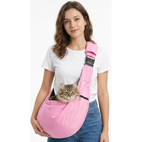 1 - Sac de transport pour chien - Sac bandoulière pour chat - Respirant avec crochet de sécurité - Pour promenades et vétérinaire - Rose pâle - 40x30x25cm (1/5)