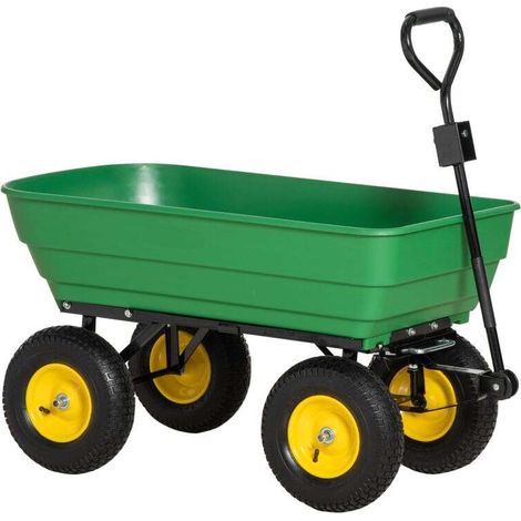 Chariot de jardin Outsunny à main benne basculante 75°, contenance 125L charge max 200kg, 4 roues pneumatiques acier PP jaune et vert