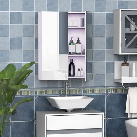 Meuble de salle de bain à deux portes avec miroir et deux étagères intérieures, en MDF avec système de fermeture amortie, 60 x 15 x 75 cm, blanc. (1/5)