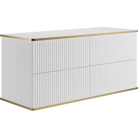 Vente-Unique – Meuble sous vasque simple blanc 120 cm – 4 tiroirs coulissants push to open – Finition rainurée avec liserés dorés – Éco-responsable