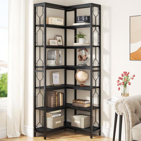 Tribesigns Eck-Bücherregal, 7-stöckiges Industrielles Eckregal, Holz und Metall Ecke Etagere Bücherregal, Freistehendes Lagerregal für Wohnzimmer, Küche, Home Office (Schwarz) (1/5)