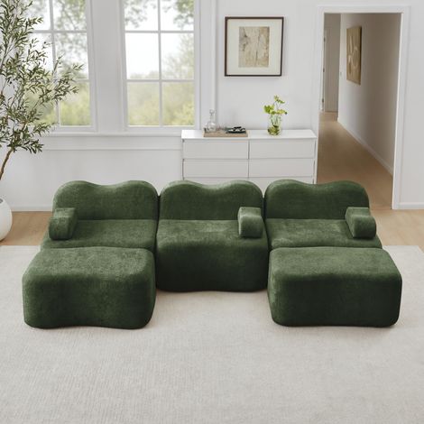 Canapé d'angle modulable 3 places en U, sans structure, livré avec 2 tabourets, mousse dense 32D, design ondulé, assise spacieuse, accoudoirs déhoussables, idéal séjour, teinte verte (1/5)