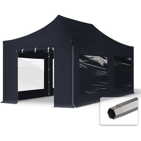 3x6 m Faltpavillon, PREMIUM Stahl 40mm, Seitenteile mit Panoramafenstern, schwarz