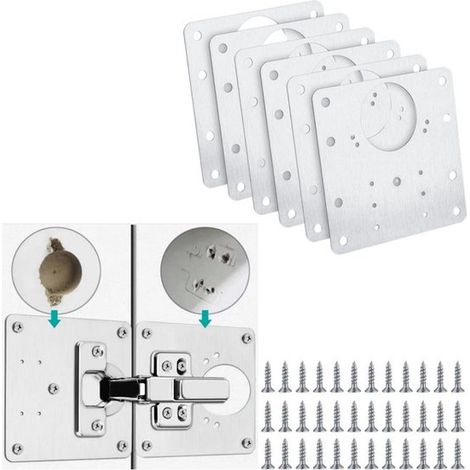 Juego de 6 placas de reparación de bisagras de gabinetes de acero inoxidable plateado, placas de montaje y refuerzo para puertas de gabinetes de cocina y muebles. (1/5)