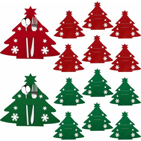 Porte-Couverts de Noël Feutre Sac de Vaisselle Motif de Flocon et Étoile Sapin pour Decoration de Table Couteau Fourchette 12 Pièces Rouge Verte (1/5)