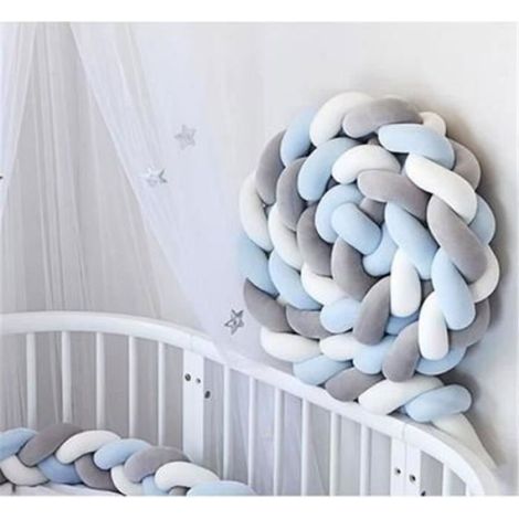 Tour de Lit Coussin Serpent Coussin Tressé Pare-chocs Velours Protection Bébé- Gris+Blanc+Bleu (1/4)