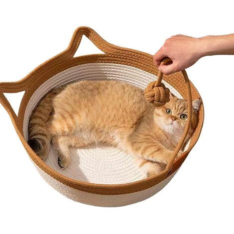 Handgewebtes Katzenbett aus Baumwollseil – atmungsaktiv und leicht zu reinigen – faltbare Katzenhängematte mit Katzenohren-Design und Spielball – Braun – 45 cm (1/5)