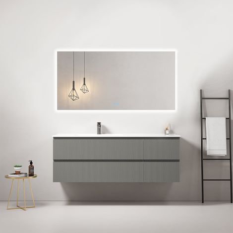 Mobile bagno sospeso cannettato 140 cm Grigio Londra Lavabo a Sinistra in Resina Specchio Quadro Retroilluminato - Fiji Paint (1/4)