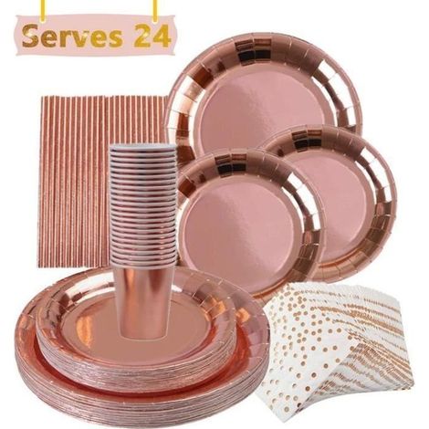 146 pièces Kit vaisselle jetable or rose, assiettes dîner résistantes, tasses et serviettes en papier, pailles décoratives, pour anniversaires, mariages et baby showers