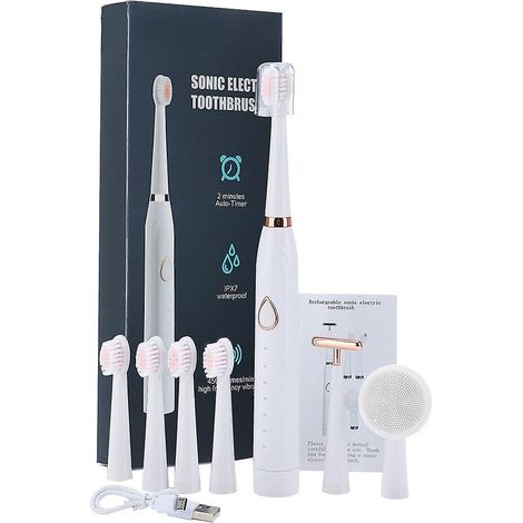 Brosse à dents électrique rechargeable USB, nettoyant visage vibrant multifonction, rose (1/5)