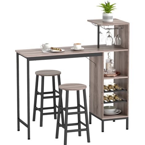 3-teiliges Bartisch-Set mit Stauraum, Flaschen- und Glashalter, grau OKMYHOME (1/5)