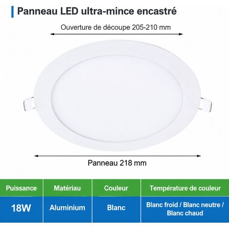 Spot LED encastrable rond 18W ultra-fin aluminium Ø220mm blanc froid 6000K 18w 220mm 205-210mm 100 g – Livraison gratuite