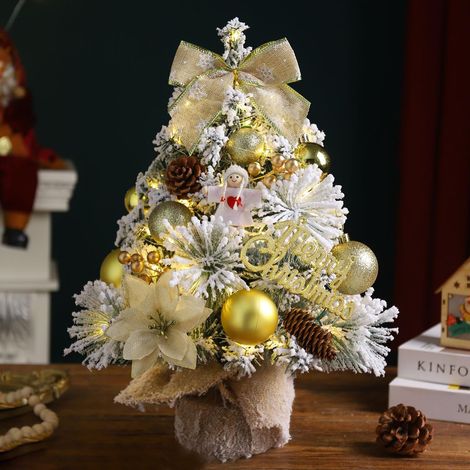 Mini sapin de Noël artificiel floqué avec lumières LED, base de sac en tissu pour décorations de Noël, fonctionne avec piles (doré, 45 cm) (1/5)